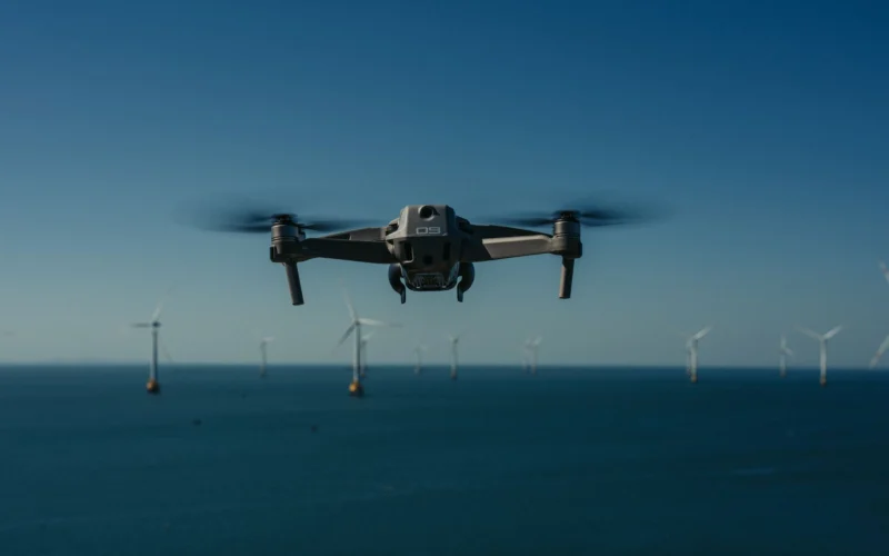 Drone flying over an offshore wind farm for inspection — Armando Colina Rojas, drone pilot